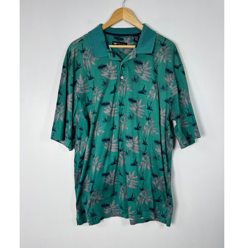Golfcore Wedge Golf & Beyond Mens‎ XL Polo Shirt Teal Tropical Graphic Cotton